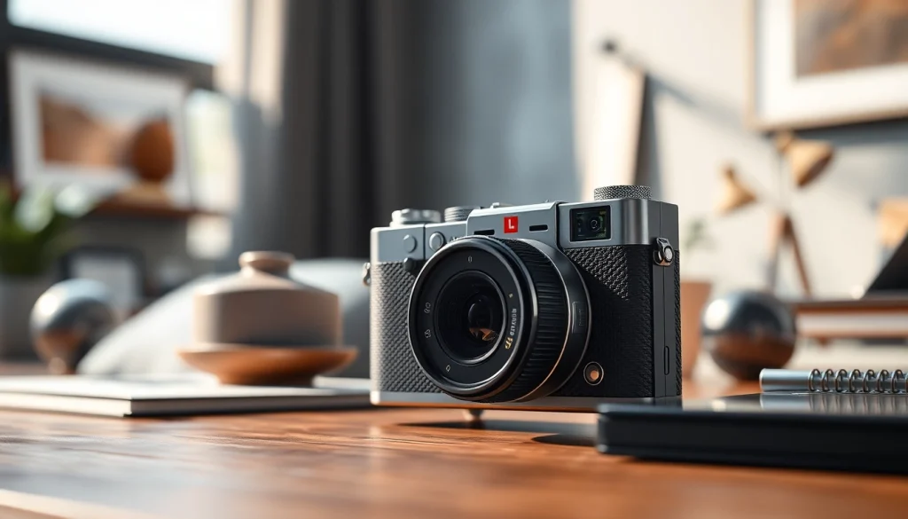 Capture moments with a sleek caméra miniature, highlighting its elegant design on a modern desk.