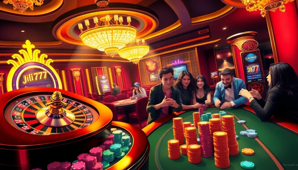Jili777 offers an exciting casino experience with players at a vibrant poker table, celebrating wins.