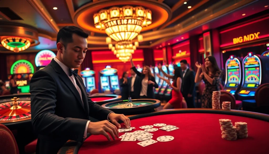 Players enjoying their time at Nhà cái BIGBET88, featuring blackjack tables and vibrant slot machines.