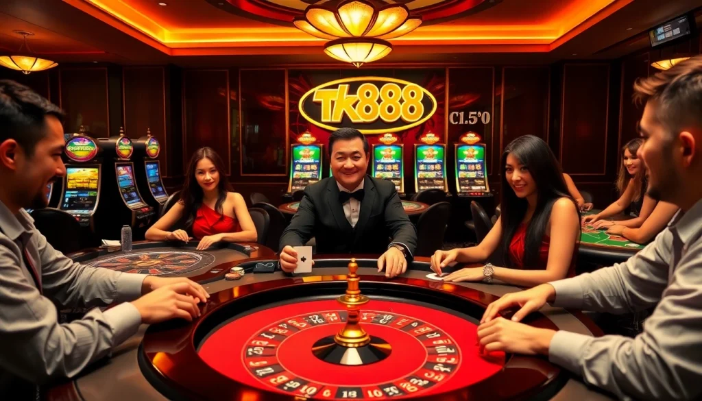 Discover the excitement at tk88 com, featuring players enjoying high-stakes poker and vibrant slot machines in a luxurious casino setting.