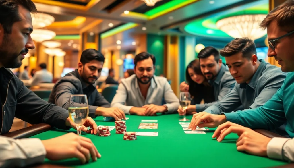 Engaging online poker table scene showcasing players enjoying a competitive game in a vibrant casino atmosphere.