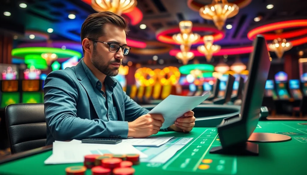 Engage with awin66 as a professional gambler analyzes strategies at a modern workspace.