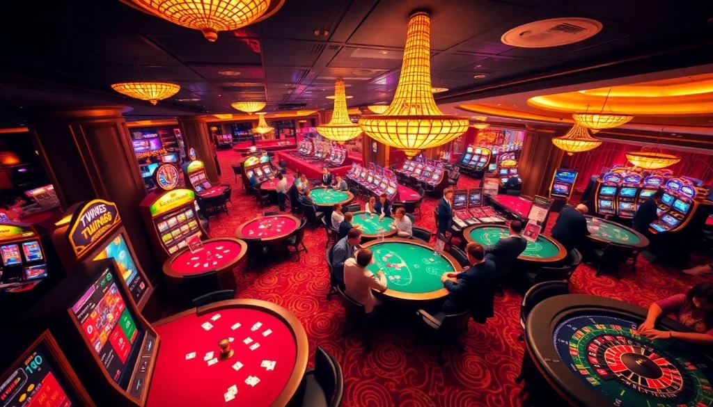 Twin68 casino scene featuring lively poker tables and golden slot machines in an upscale atmosphere.