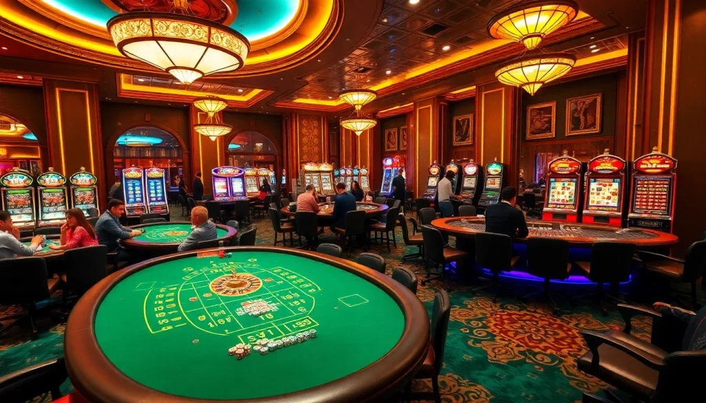 Players enjoying classic games at Nhà cái BJ88 casino, with vibrant tables and thrilling roulette action.