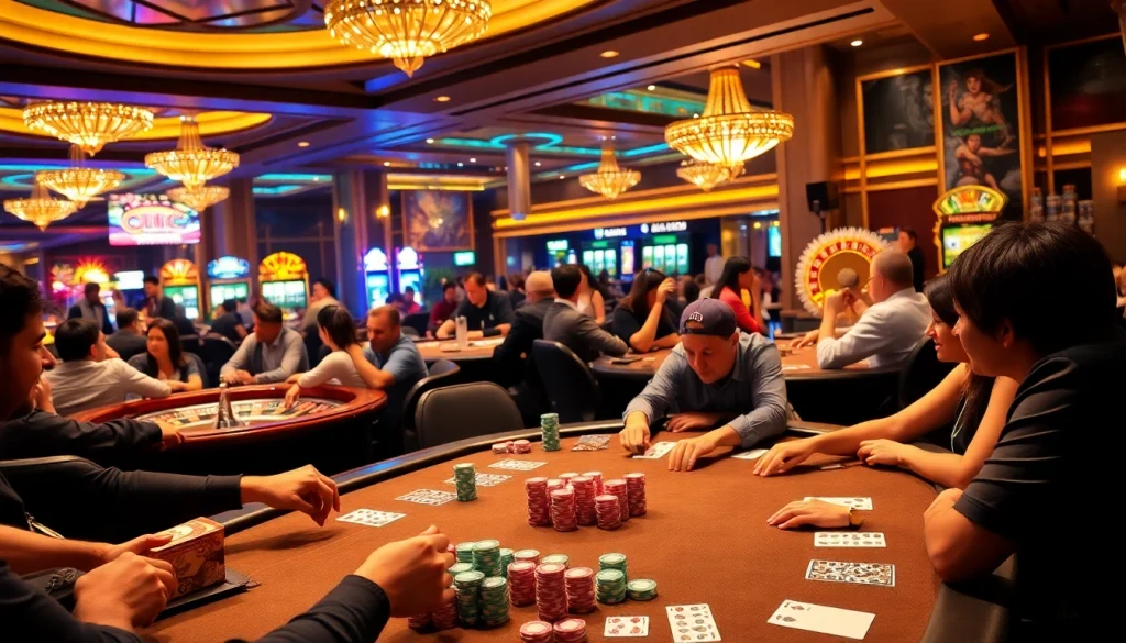 Players at qq88 com engage in an exciting poker game surrounded by casino action.