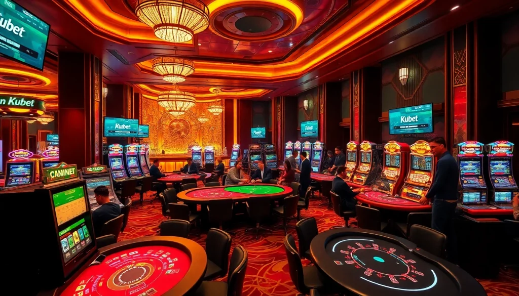 Kubet players celebrating wins at a vibrant casino gaming floor with baccarat and blackjack tables.