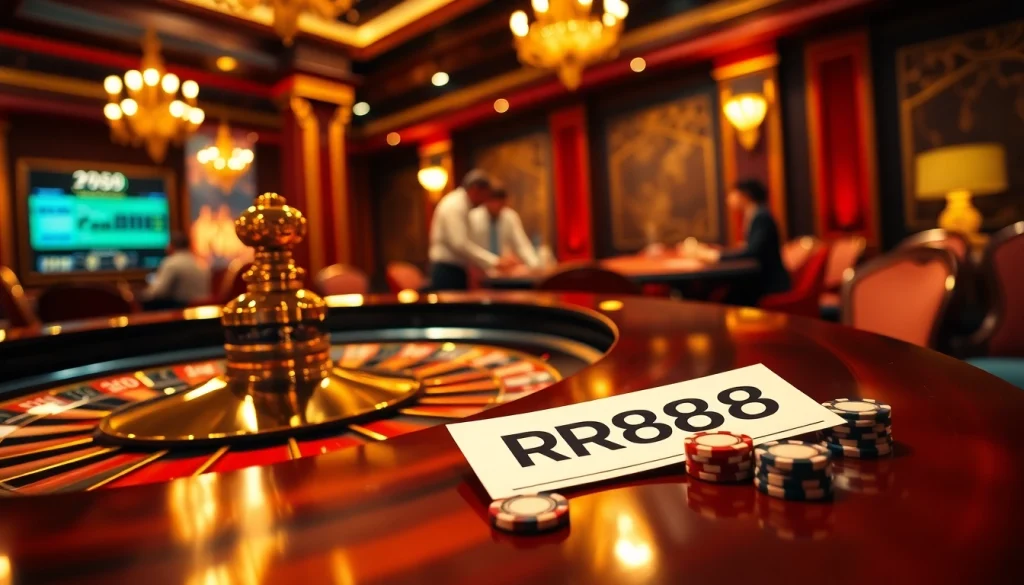 RR88 casino scene showcasing a roulette table with spinning wheel and poker chips.