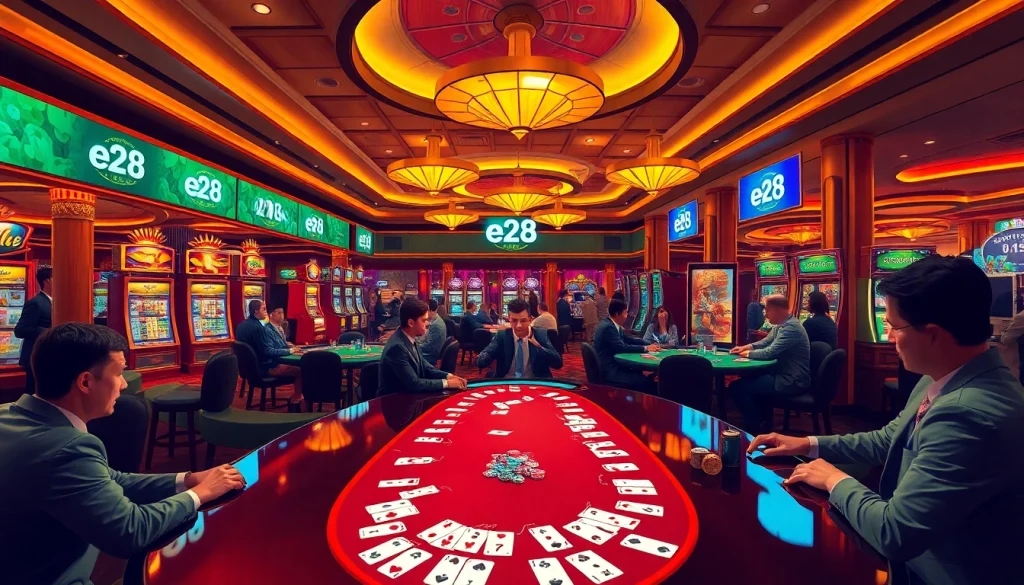 Experience e28 excitement with players at a vibrant casino table, showcasing thrilling poker action amid glowing slot machines.