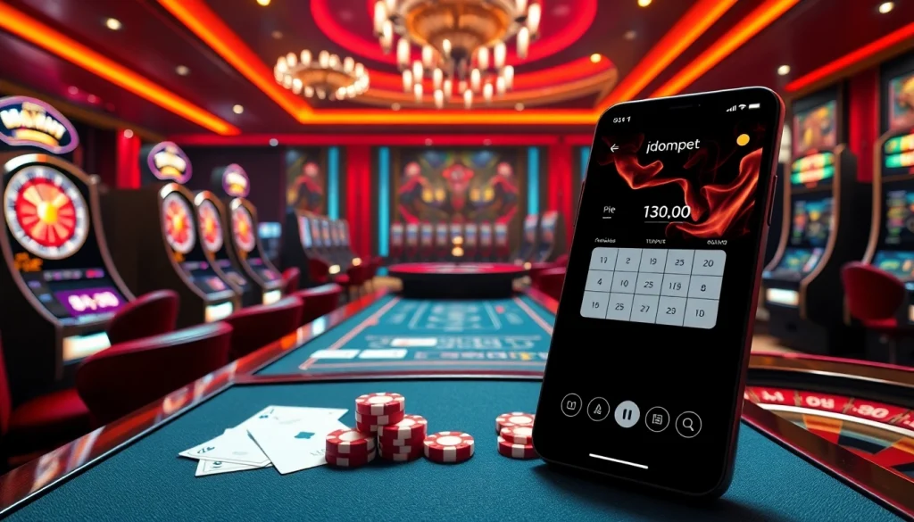 Experience thrilling online gambling with i1dompet, featuring vibrant casino tables and dynamic slot machines.