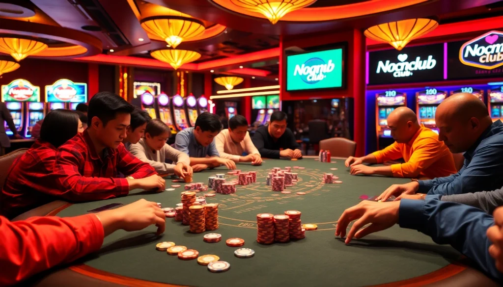 NgonClub poker table scene showcasing intense players and vibrant poker chips in a lively casino setting.