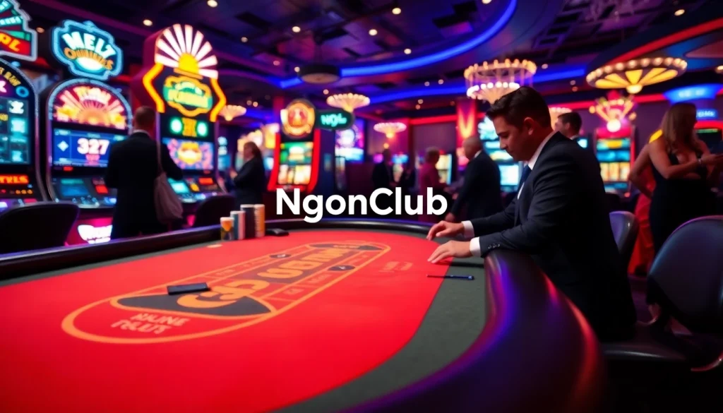 NgonClub players engage at an elegant casino blackjack table, surrounded by vibrant slot machines and luxurious decor.