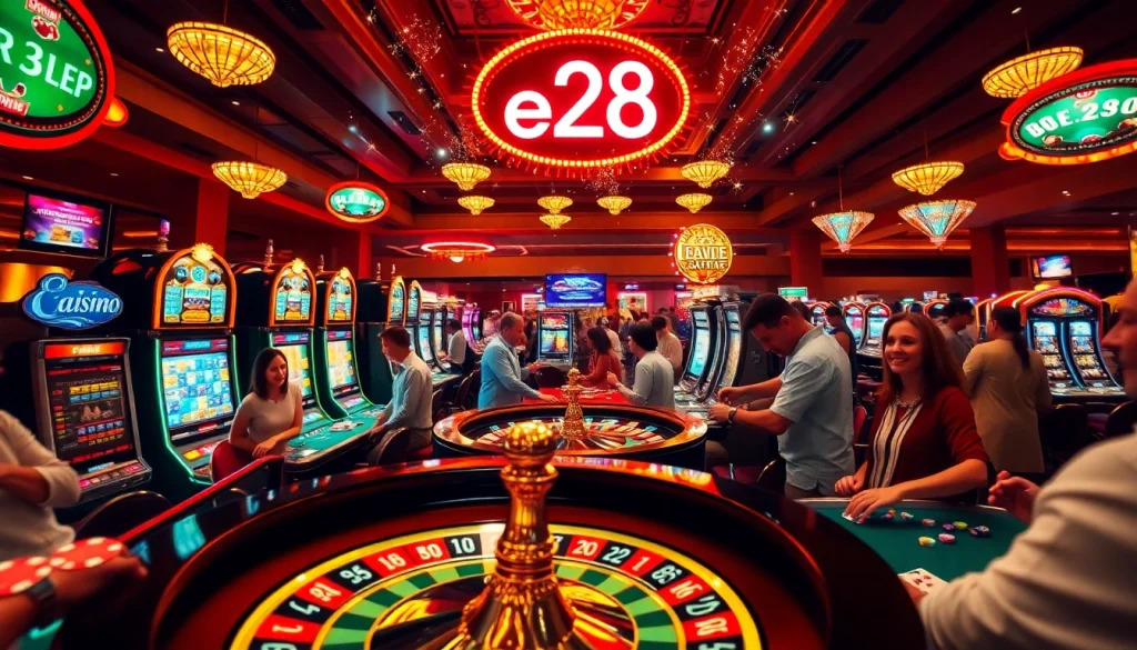 Players engaging in thrilling casino gameplay with e28 prominently displayed amidst lights and tables.