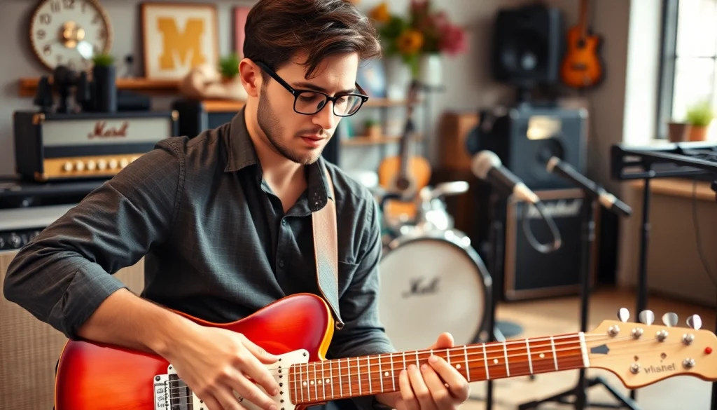 Guitarist demonstrating the VG99 system's features in a modern studio.