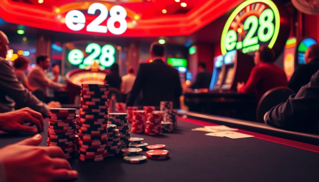 Engaged players at a poker table with vibrant chips and e28 betting offers in a lively casino atmosphere.