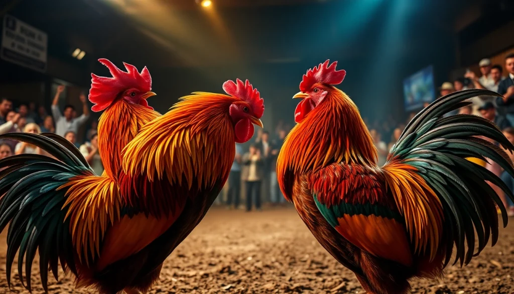 Witness an intense rooster fight at 69vn.rodeo, showcasing vibrant roosters in action.