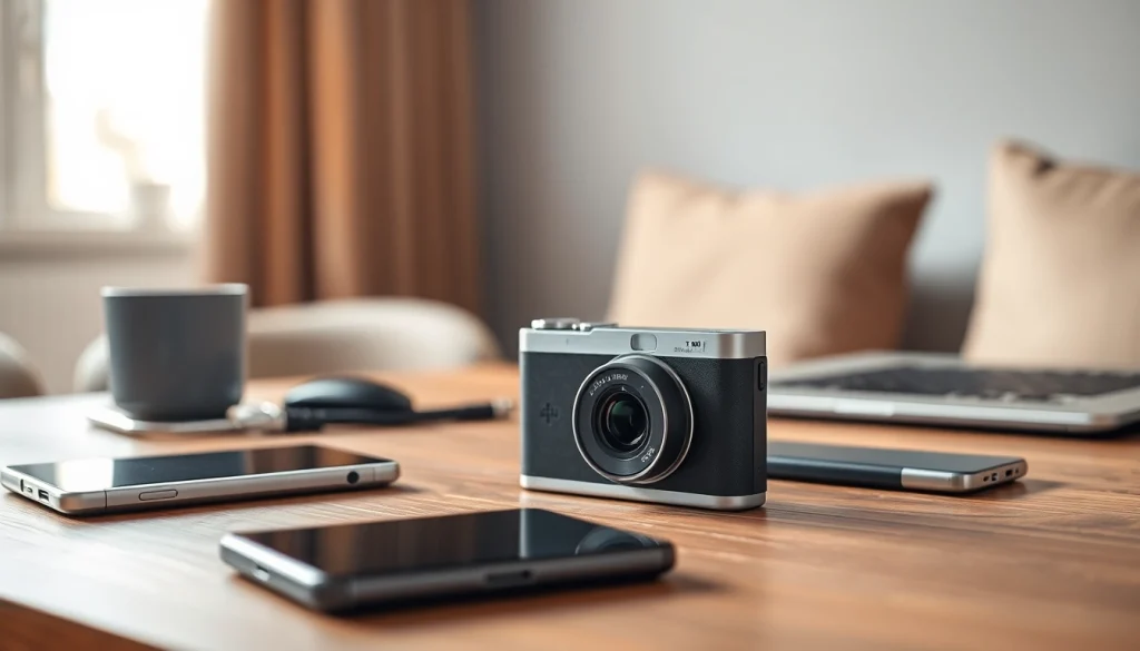 Showcasing a mini caméra with tech gadgets, set in a warm, professional environment.