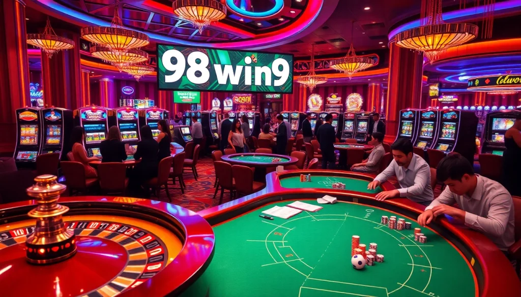 98win9 casino scene with thrilling roulette and poker action.