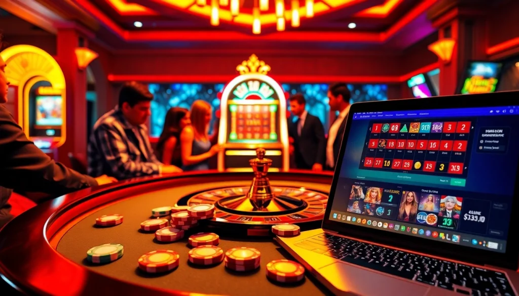 Experience the allure of aa888br.br.com with players enjoying roulette and slot machines in a vibrant casino setting.
