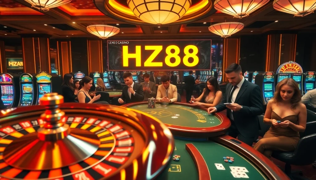 Players experiencing the thrill of casino games at HZ88 with poker chips and a roulette wheel.