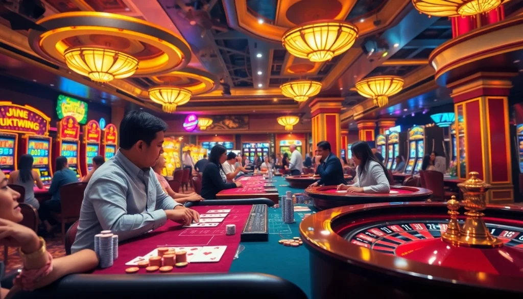 Engage in đổi quà f168 as players enjoy casino games with vibrant tables, chips, and a roulette wheel.