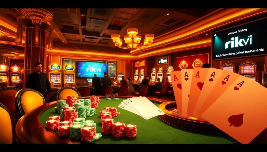 Rik VIP casino scene showcasing an exciting poker game with vibrant chips and dynamic players.